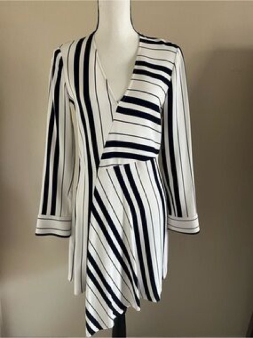 Zara Black and White Striped Asymmetrical mini V-Neck Dress size Medium